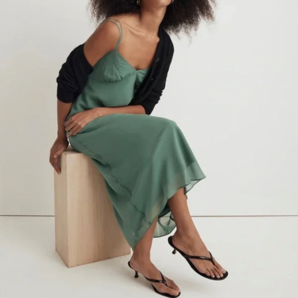 Madewell Layered Slip Midi Dress in Trellis Green - Semi-sheer Chiffon - Size 0